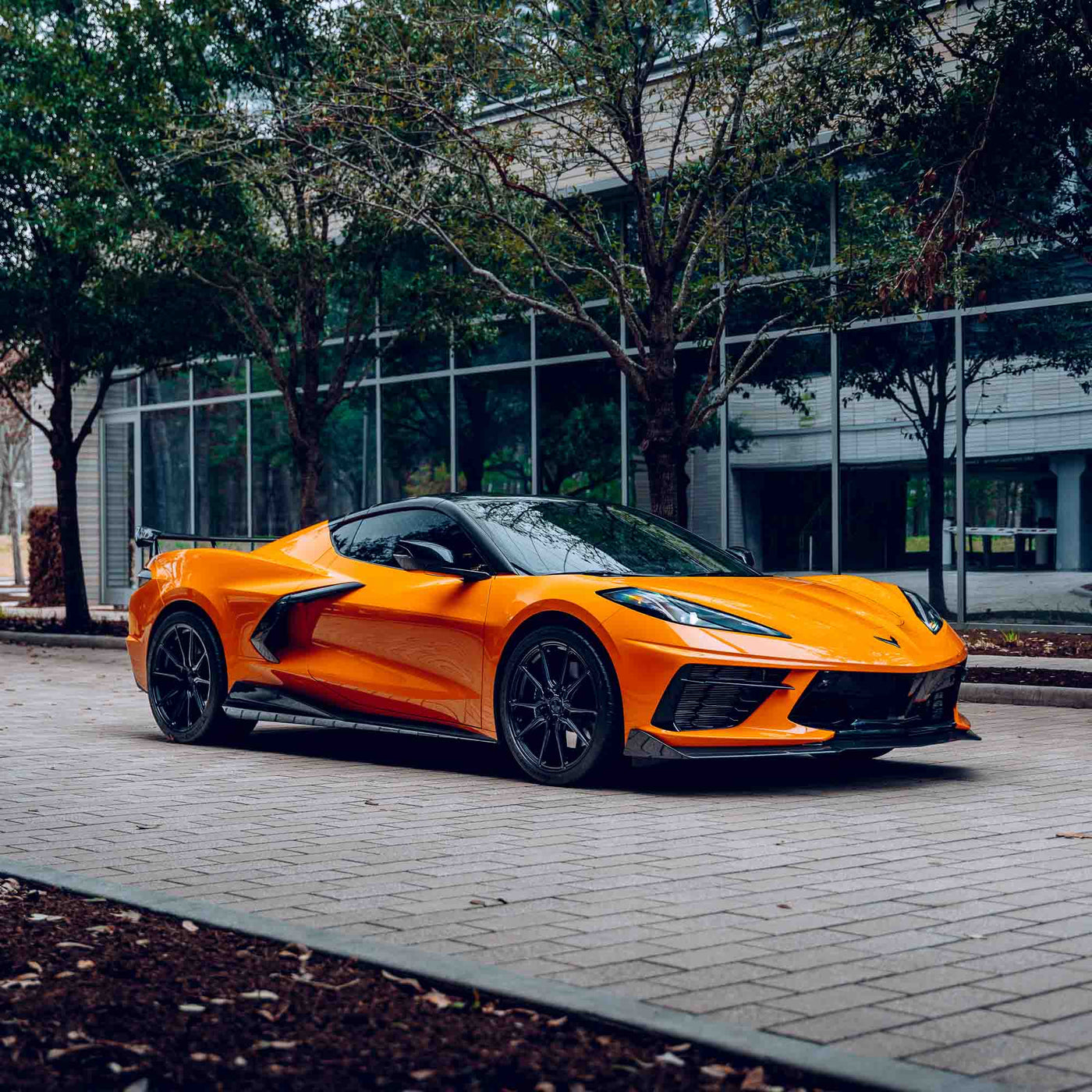 Front View of Corvette C8 with RSC 5VM Side Skirts Installed & 5VM Front Splitter both Carbon Fiber