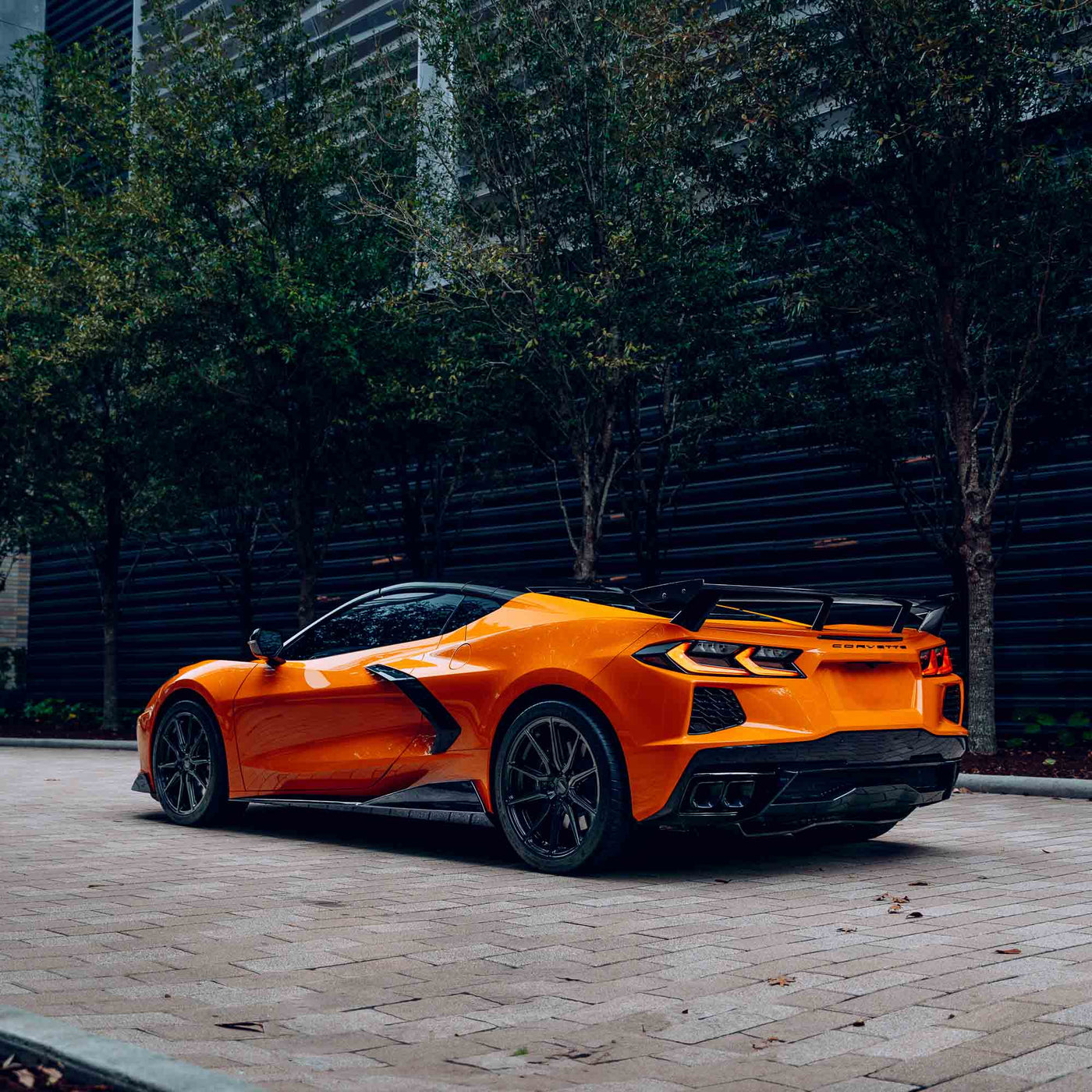 Rear Three Quarter View of a Corvette C8 with RSC 5VM Carbon FIber SIde Skirts Installed