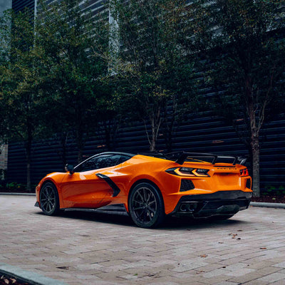 Rear Three Quarter View of a Corvette C8 with RSC 5VM Carbon FIber SIde Skirts Installed