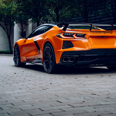 Rear Three Quarter Shot of the Corvette C8 5VM Carbon Fiber Side Skirts by Racing Sport Concepts